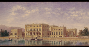 Theophil Hansen, Gesamtansicht des Königsschlosses in Piräus, 1888Bleistift, Aquarell, 475 x 1169 mm, Akademie der bildenden Künste Wien, Kupferstichkabinett, Inv.-Nr. 20399